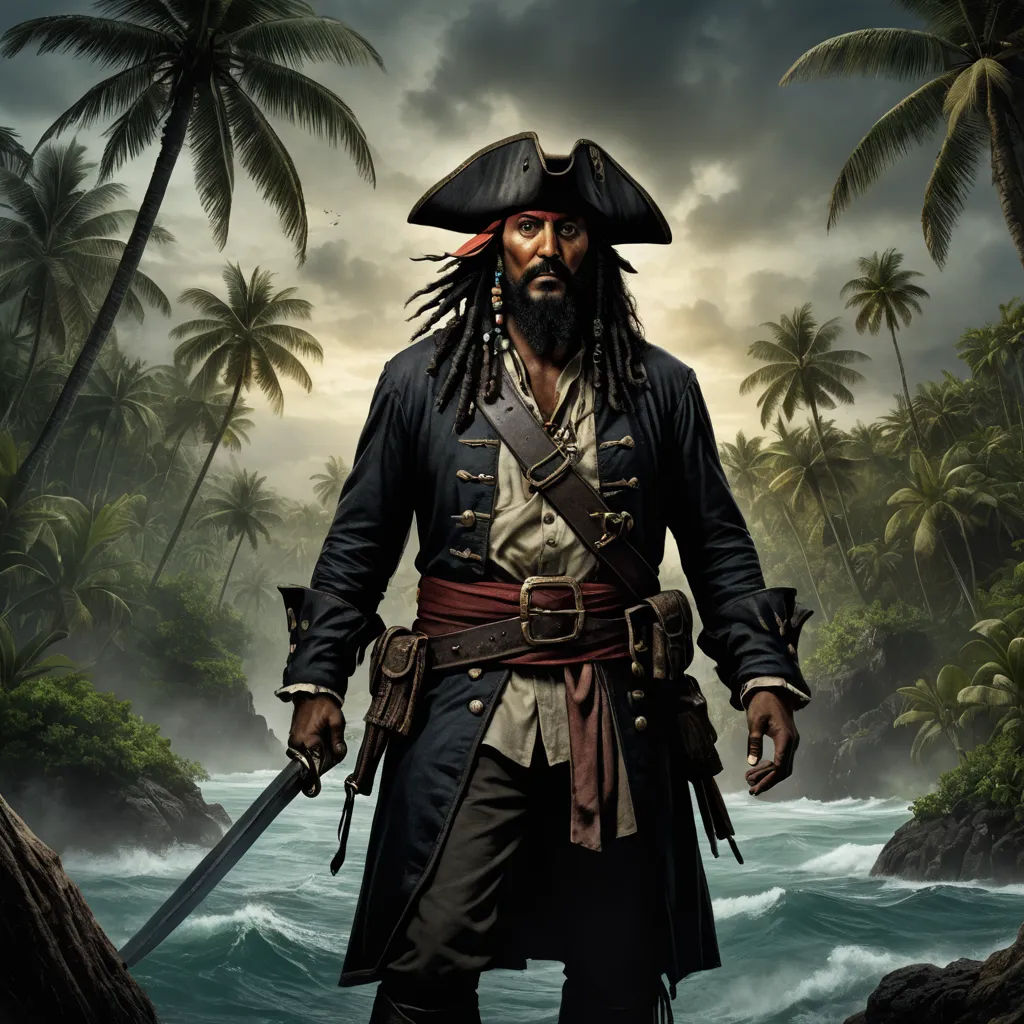 a man in a pirate costume standing in the water with a sword in his hand and a pirate hat on, photorealism, a detailed matte painting, Edward Otho Cresap Ord, II, key art