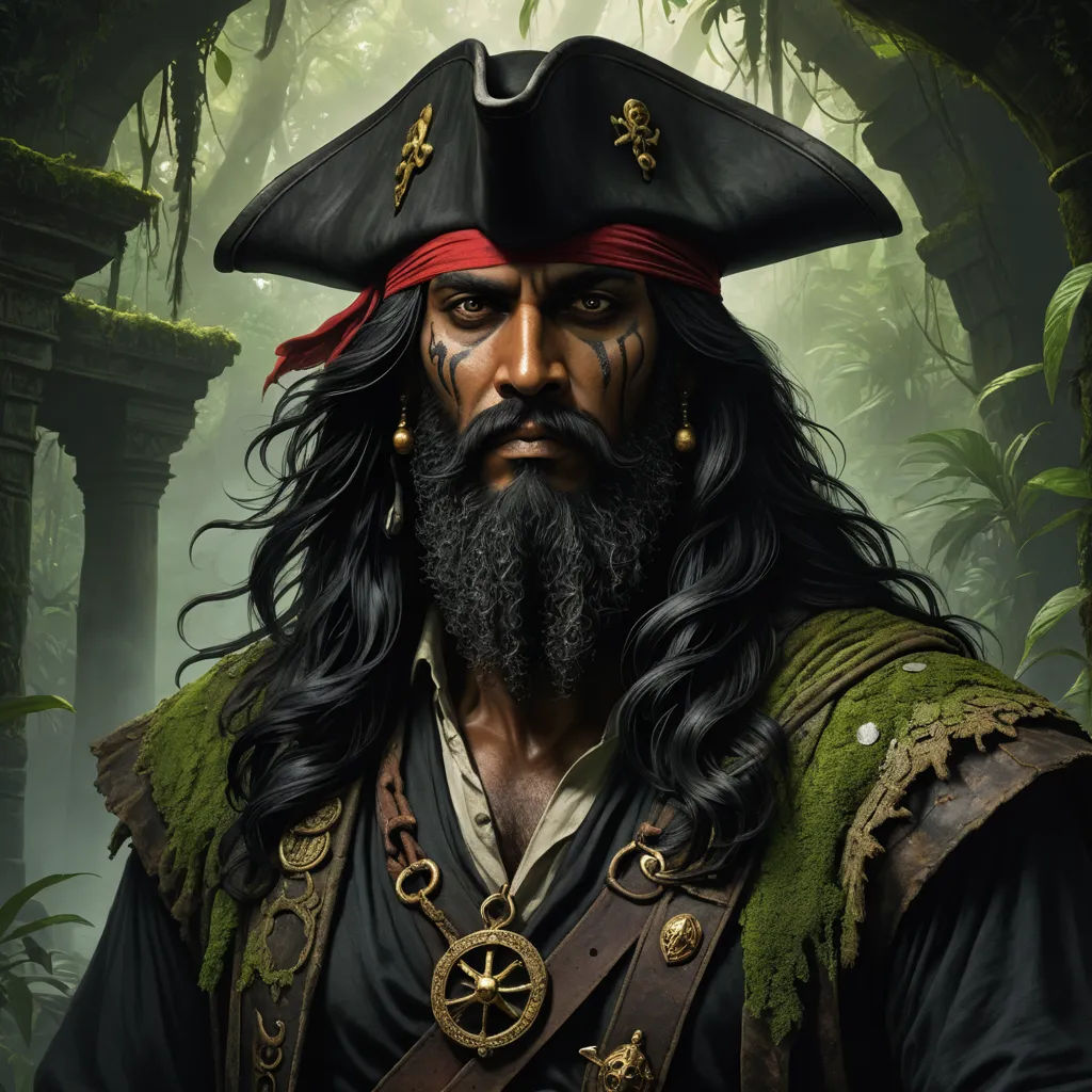 a man with long hair and a beard wearing a pirate hat and a green vest and a red bandanna, fantasy art, a character portrait, Altoon Sultan, epic fantasy character art