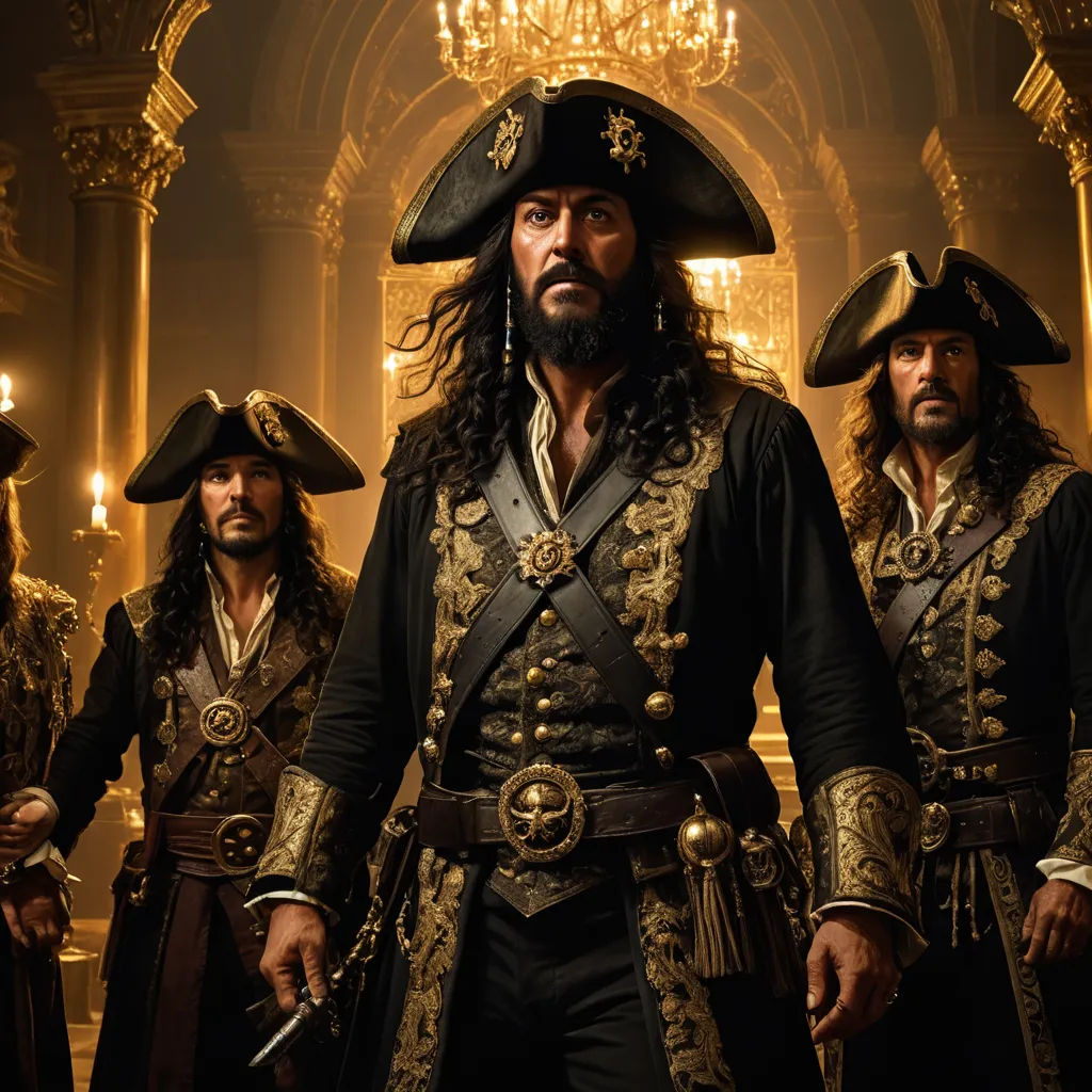 a group of pirates standing in a hall with lights on and a chandelier in the background,, renaissance, a flemish Baroque, Altoon Sultan, promotional image