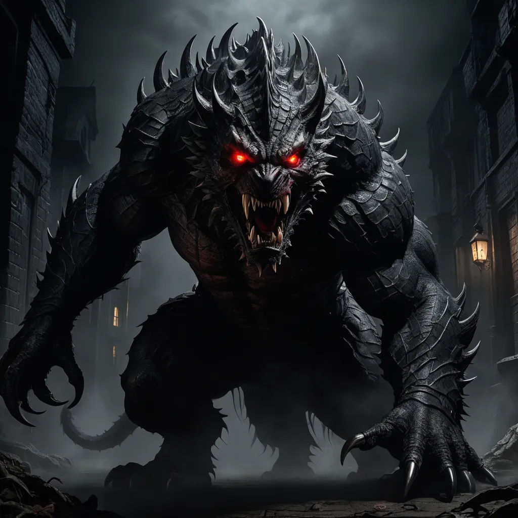 a demonic monster with red eyes and sharp fangs on its face, in a dark city street at night, gothic art, concept art, Eddie Mendoza, weta digital