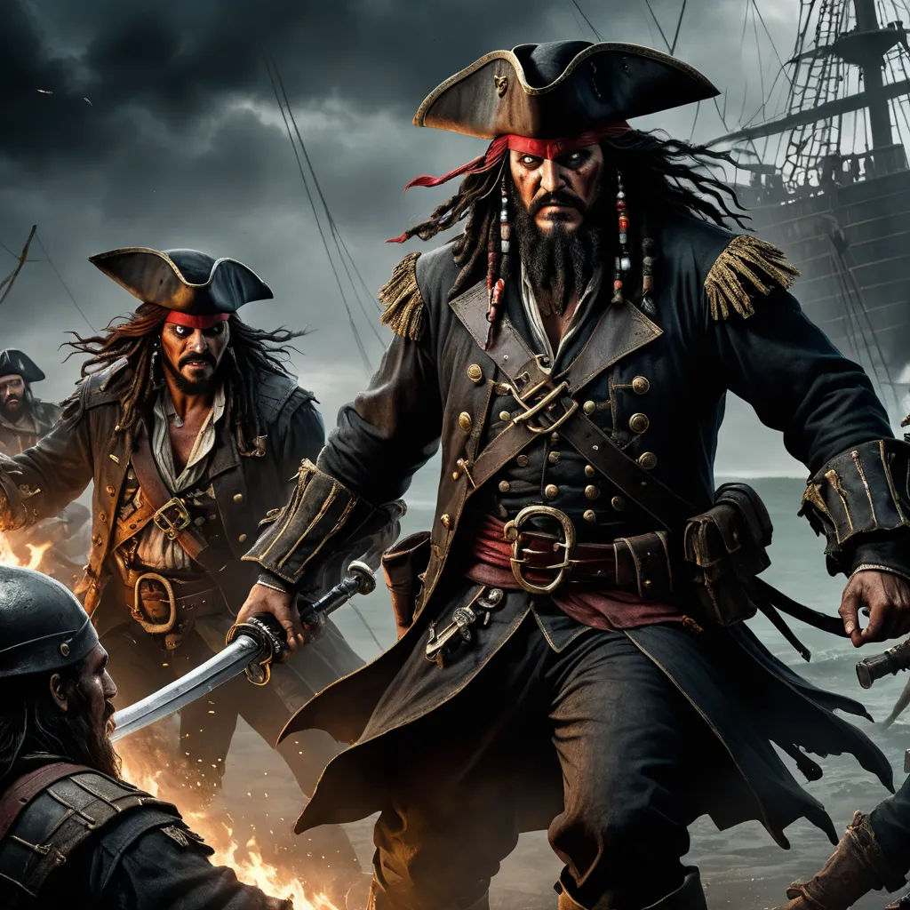 a group of pirates in a pirate battle with a ship in the background and a man in a pirate costume, photorealism, a detailed matte painting, Edward Otho Cresap Ord, II, key art