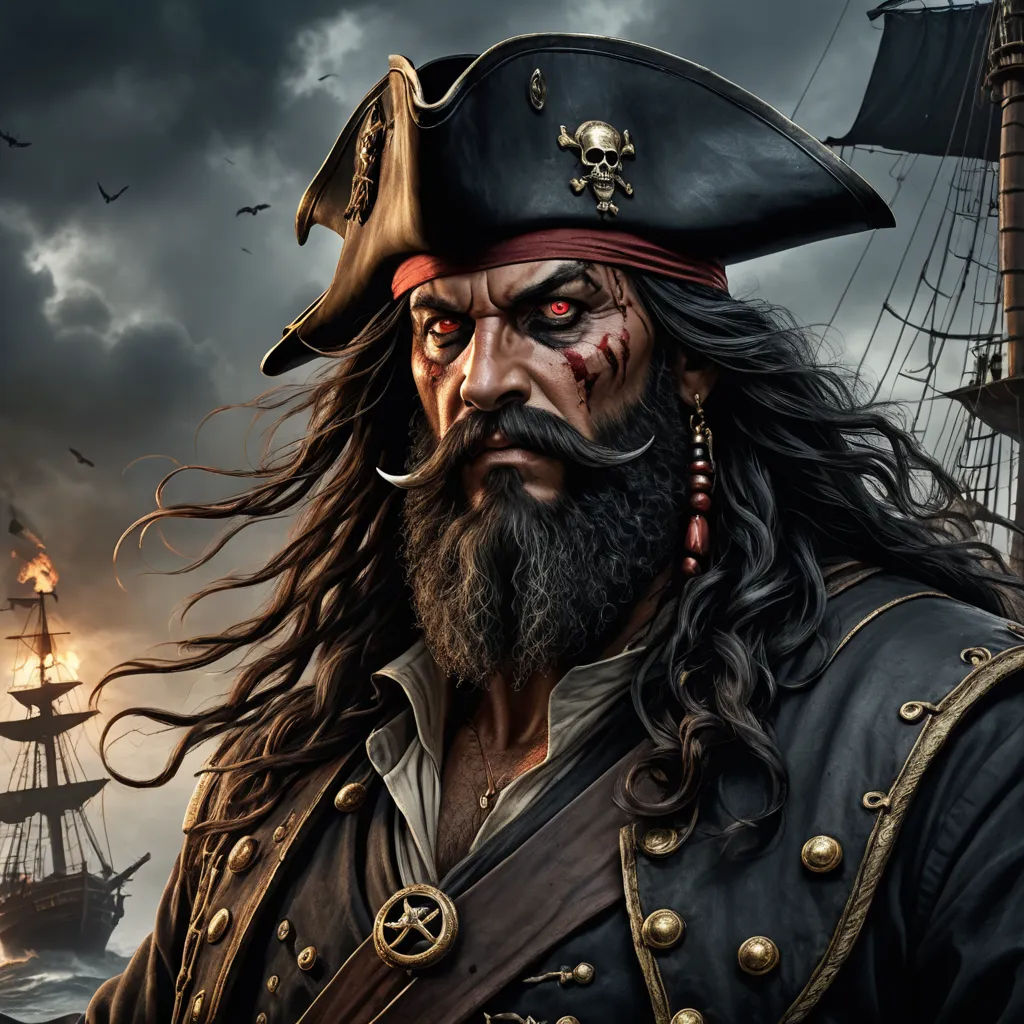 a pirate with long hair and a beard in a pirate costume with a beard and a beardlocke, fantasy art, a character portrait, Alex Horley, realistic character concept