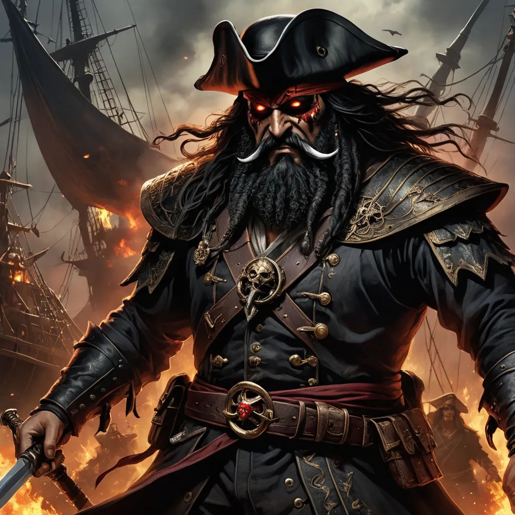 a pirate with a beard and a beard standing in front of a ship in a fire filled sea of smoke, fantasy art, concept art, Alex Horley, epic fantasy character art
