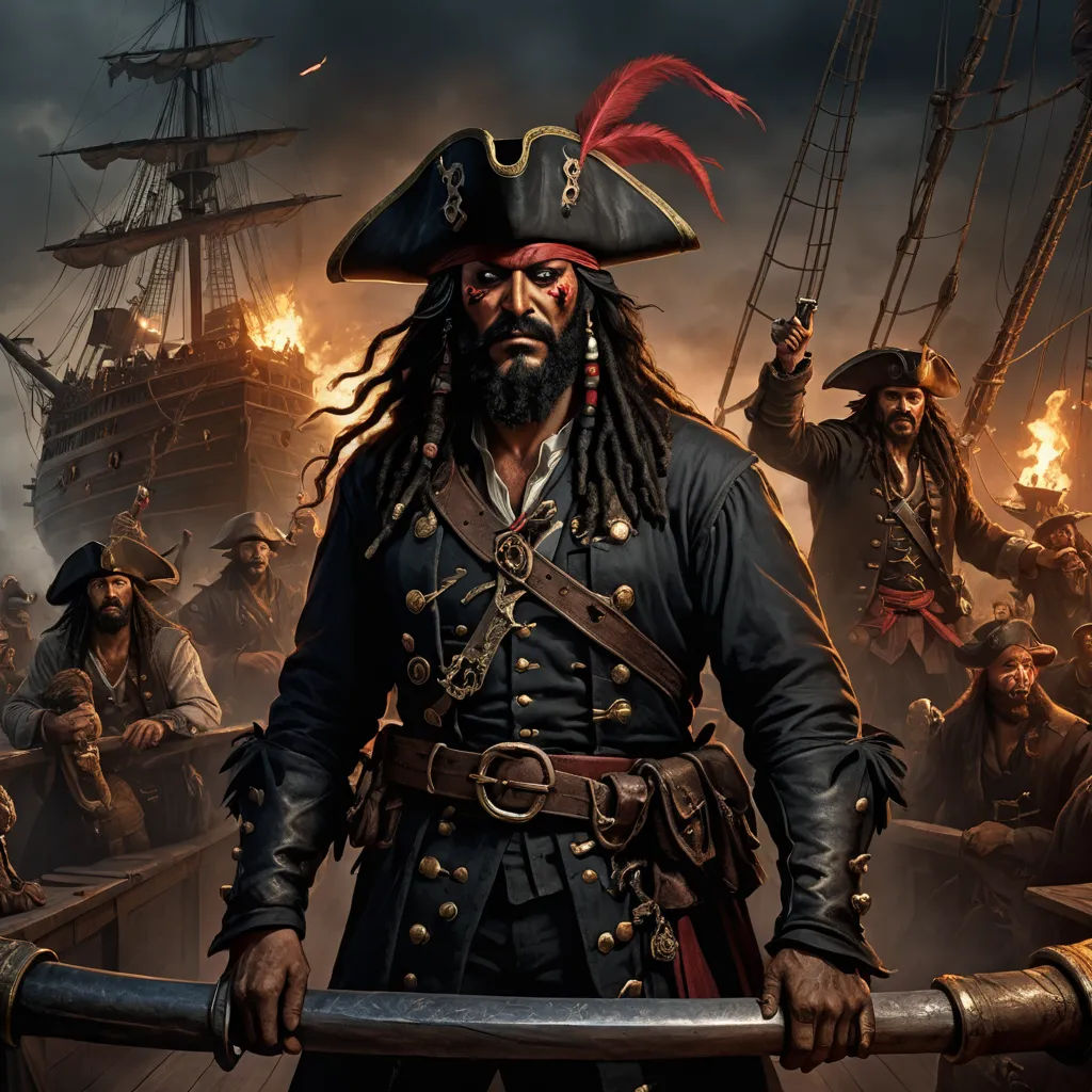 a pirate with a sword and a lot of other pirates in the background, all in full pirate attire, fantasy art, a detailed matte painting, Alex Horley, key art