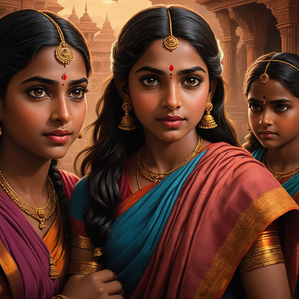 three women in indian clothing standing together in front of a temple with a golden background and a red and blue sari, bengal school of art, a detailed painting, Brothers Hildebrandt, highly detailed digital painting