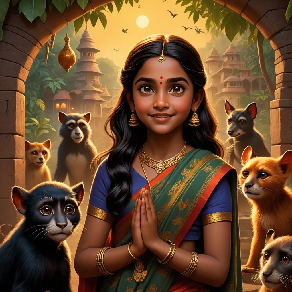 a painting of a girl surrounded by cats and a cat cub in a temple with a temple entrance in the background, samikshavad, poster art, Ella Guru, promotional image