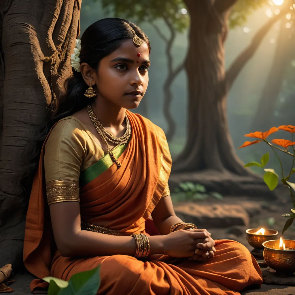 a woman sitting in a forest with a candle in her hand and a bowl of flowers in front of her, samikshavad, a stock photo, Ella Guru, cinematic photography