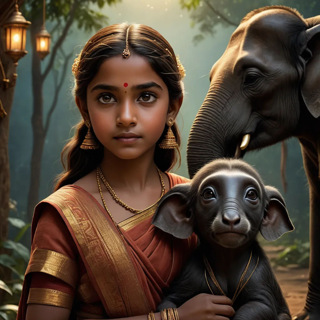 a painting of a girl and a baby elephant in a forest with a lantern light in the background and a baby elephant in the foreground, samikshavad, a detailed matte painting, Ella Guru, cgstudio