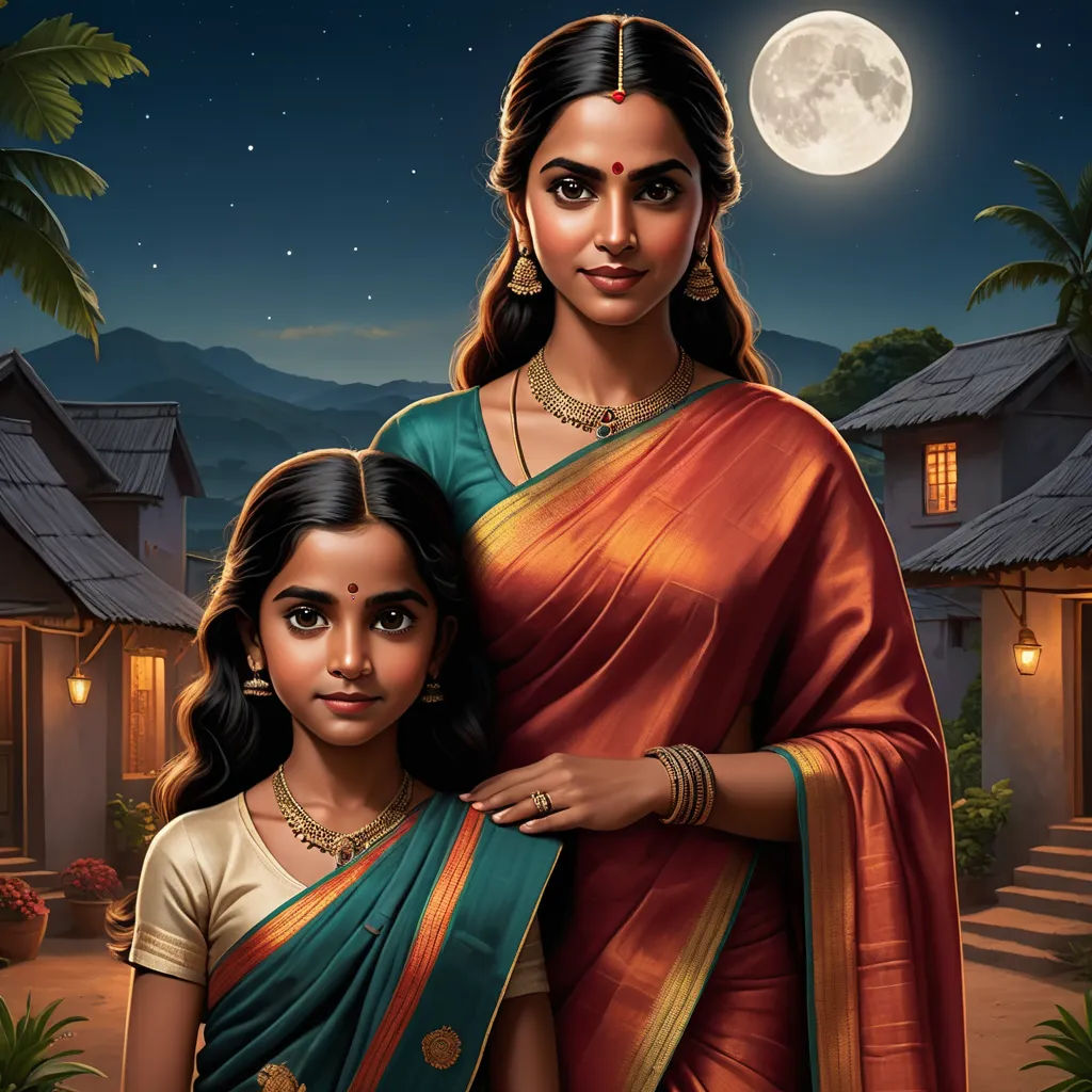 a painting of a mother and daughter in front of a full moon and a house with palm trees in the background, samikshavad, poster art, Ella Guru, promotional image