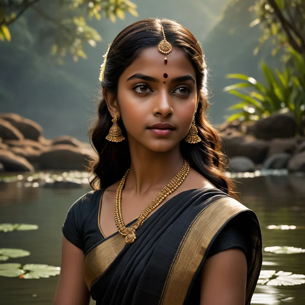 a woman in a sari standing in a river with a necklace on her neck and a necklace on her neck, samikshavad, a stock photo, Ella Guru, j. c. leyendecker 8 k