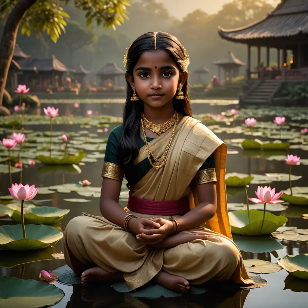 a young girl sitting on a lily pad in a pond with water lillies in front of her and a pagoda in the background, samikshavad, a photorealistic painting, Ella Guru, cinematic photography