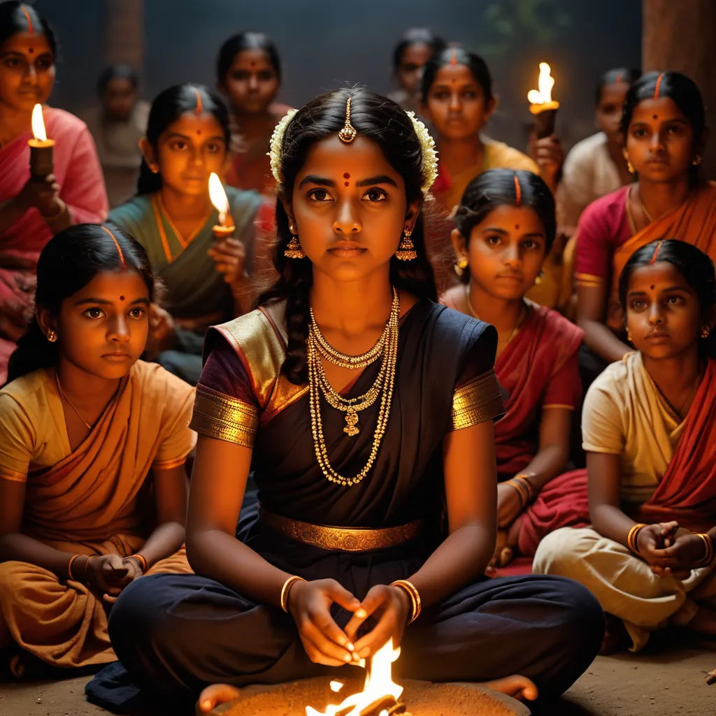 a woman sitting in front of a fire with candles in her hands and other people around her, all dressed in indian clothing, samikshavad, a photo, Ella Guru, movie still frame