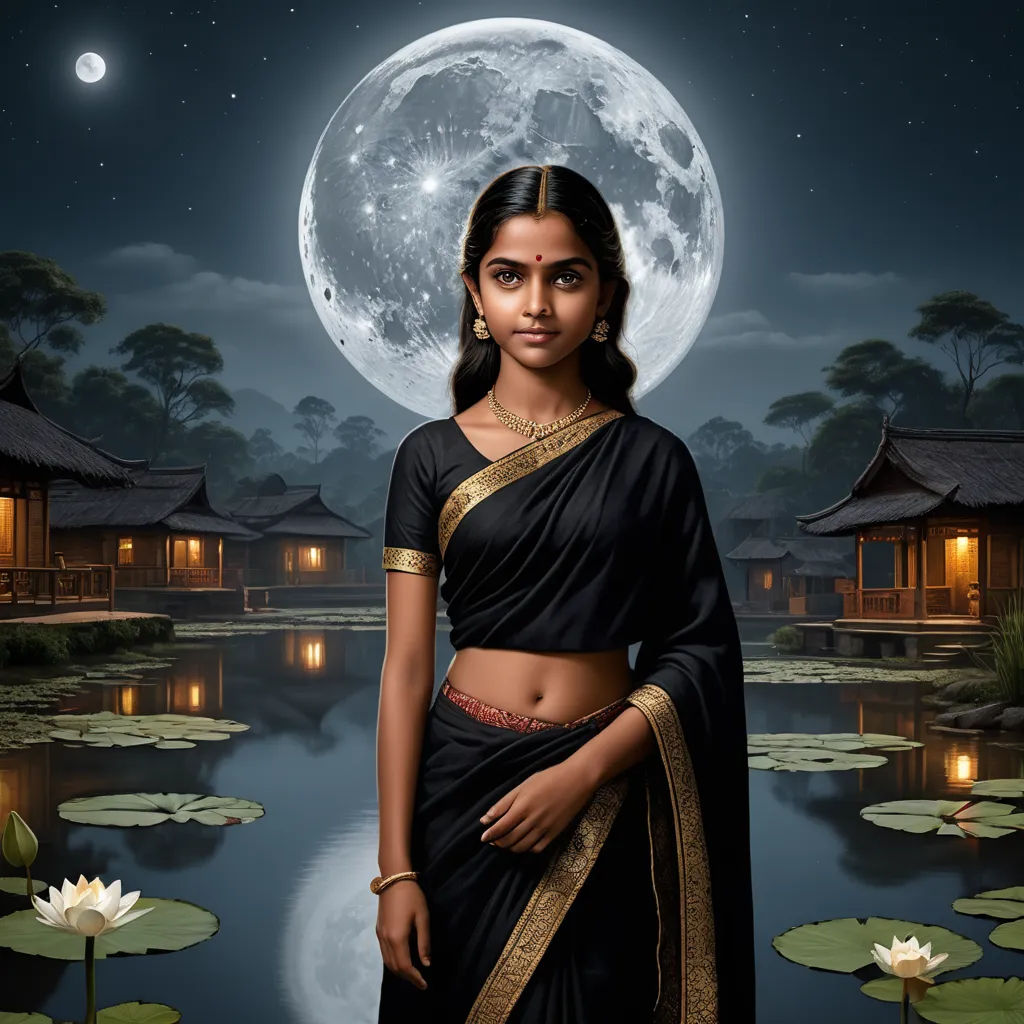 a woman in a black sari standing in front of a full moon and lily pond with a house in the background, fantasy art, a detailed matte painting, Ella Guru, highly detailed digital painting