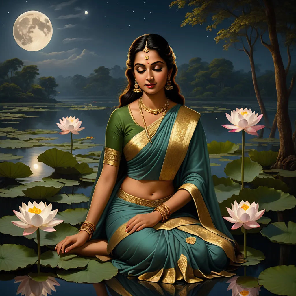 a painting of a woman sitting in a lotus pond with a full moon in the background and a full moon in the sky, figurative art, a detailed painting, Ella Guru, classical painting
