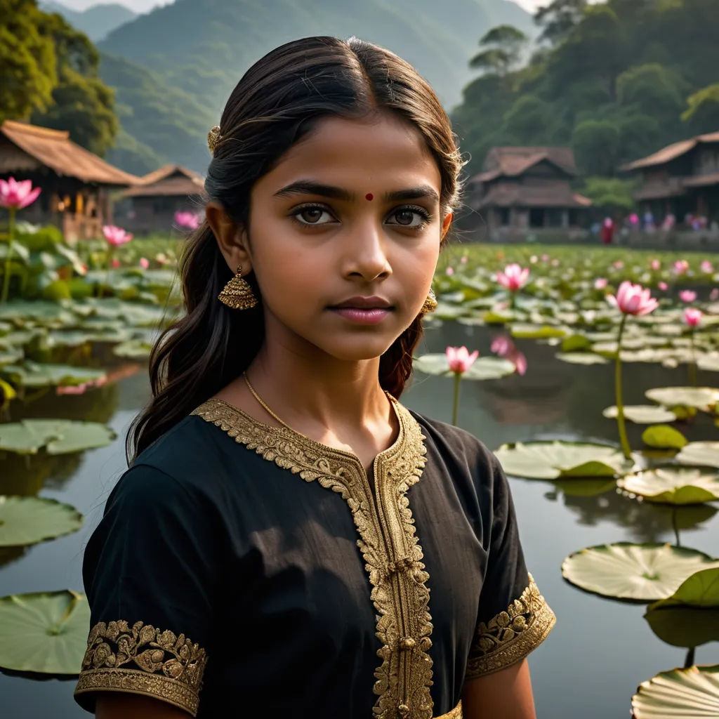 a young girl standing in front of a pond of water lilies with a hut in the background and mountains in the distance, samikshavad, a detailed matte painting, Ella Guru, cinematic photography