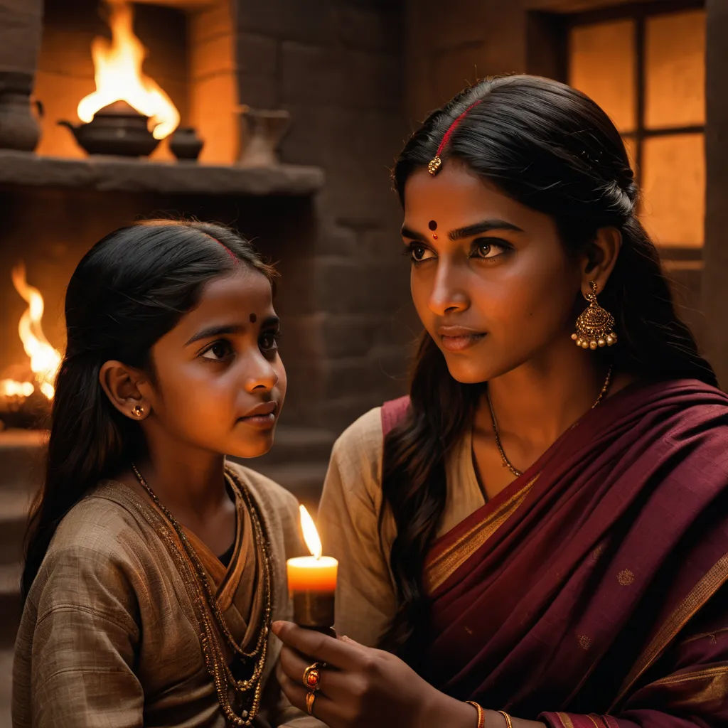 a woman holding a candle next to a girl in a sari with a lit candle in her hand, samikshavad, a poster, Ella Guru, promotional image