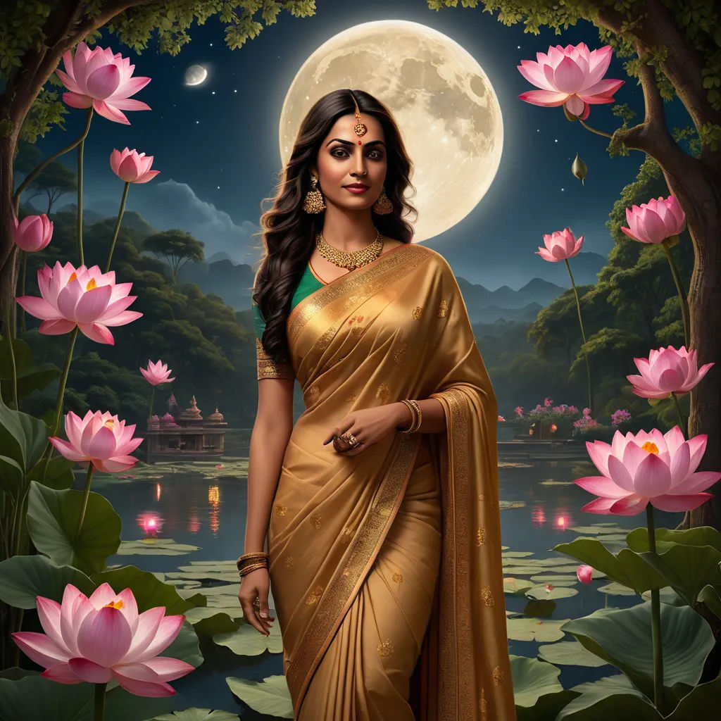 a woman in a sari standing in front of a lake with lotus flowers and a full moon in the background, fantasy art, a detailed matte painting, Ella Guru, promotional image