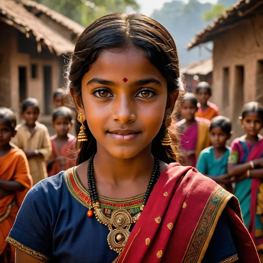 a young girl in a blue dress standing in front of a group of people in india, with a red scarf on her neck, samikshavad, a microscopic photo, Ella Guru, award-winning photograph