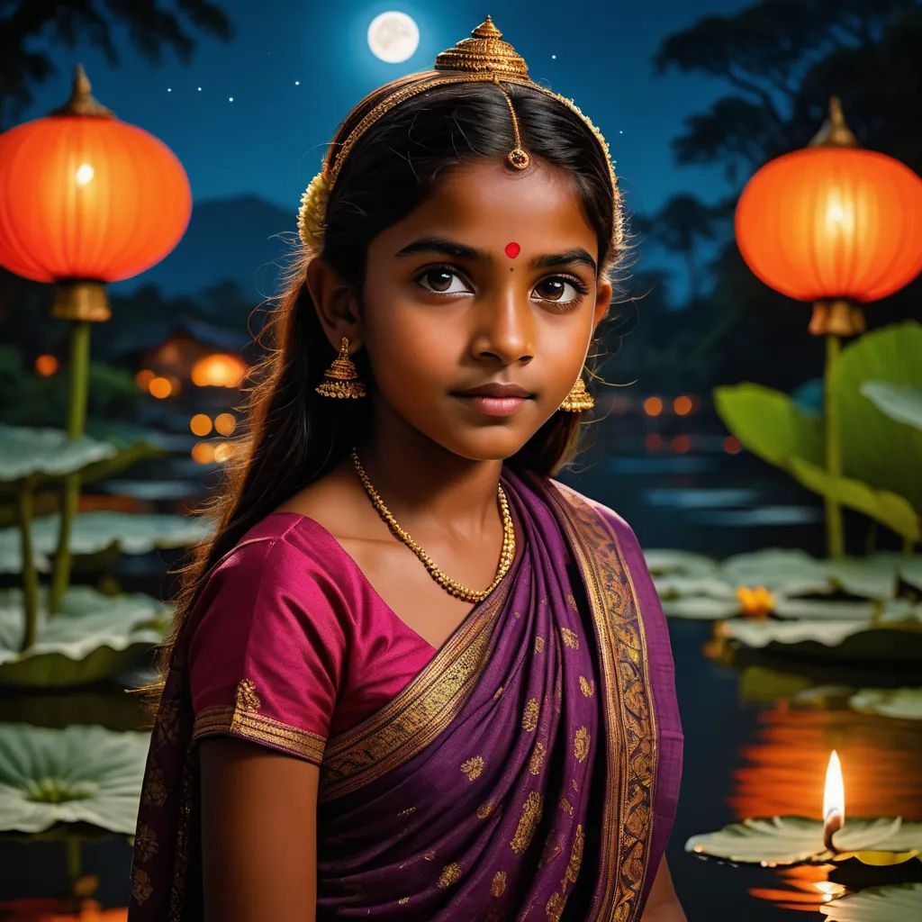 a young girl in a purple sari standing in front of a pond with lily pads and lanterns in the background, samikshavad, a stock photo, Ella Guru, cinematic photography