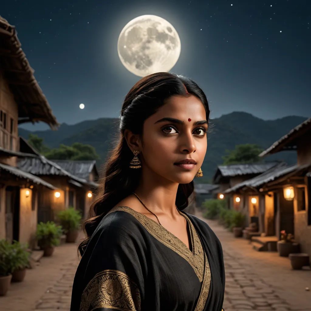 a woman in a black dress standing in front of a full moon and buildings with a full moon in the sky, samikshavad, a poster, Ella Guru, promotional image