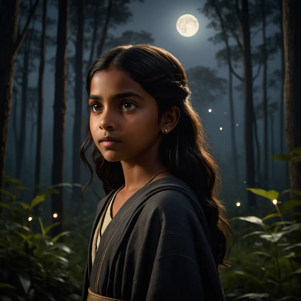 a young girl standing in the woods at night with a full moon in the background and a forest of trees, samikshavad, a character portrait, Ella Guru, promotional image
