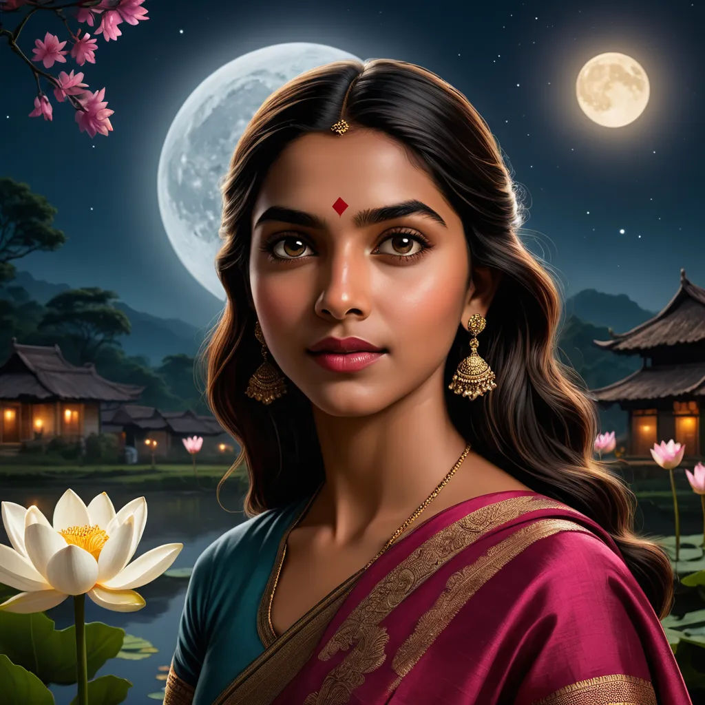 a painting of a woman in a sari and a lotus in front of a full moon and a lake, fantasy art, a digital painting, Ella Guru, highly detailed digital painting