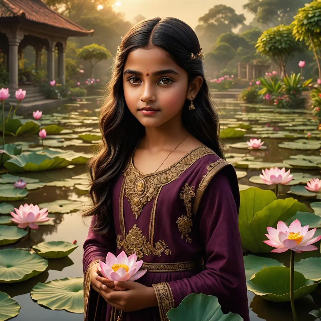 a girl in a purple dress standing in a pond of water lilies with a gaze on her face, samikshavad, a detailed matte painting, Ella Guru, promotional image