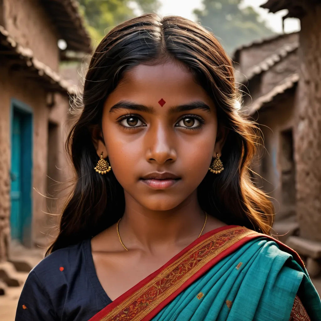 a young girl in a blue sari and gold earrings stands in a village in india, looking at the camera, samikshavad, a photorealistic painting, Ella Guru, award-winning photograph