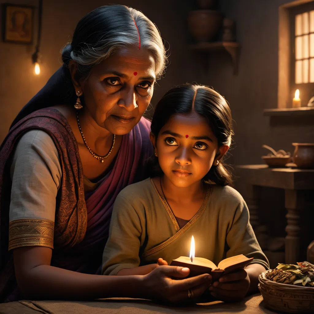 a woman and a girl sitting at a table with a lit candle in their hands and a basket of food in front of them, samikshavad, a detailed matte painting, Ella Guru, cinematic photography