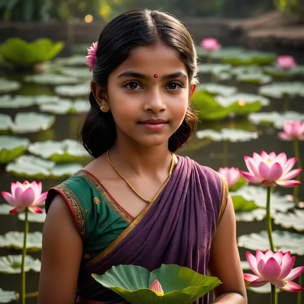 a young girl standing in front of a pond of water lilies with a smile on her face and a green leaf in her hand, samikshavad, a stock photo, Ella Guru, portrait photography