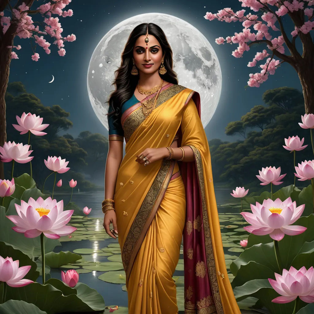a woman in a yellow sari standing in front of a pond of flowers and a full moon in the background, fantasy art, a painting, Bholekar Srihari, highly detailed digital painting