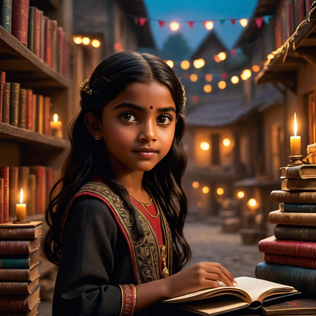 a girl is sitting in front of a book shelf with candles on it and a book in front of her, samikshavad, a storybook illustration, Ella Guru, promotional image