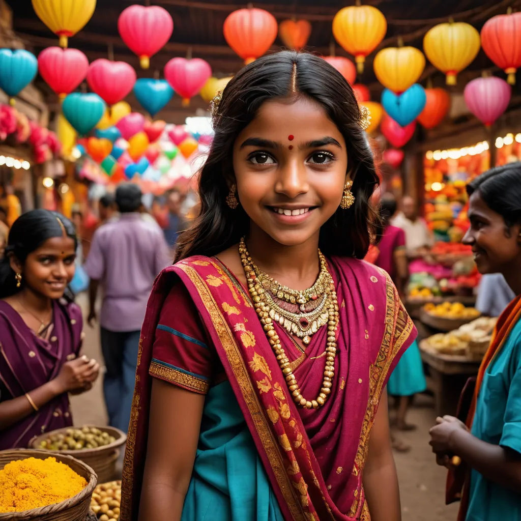 a young girl in a colorful sari stands in a market with other women and baskets of food in front of her, samikshavad, a stock photo, Ella Guru, cinematic photography