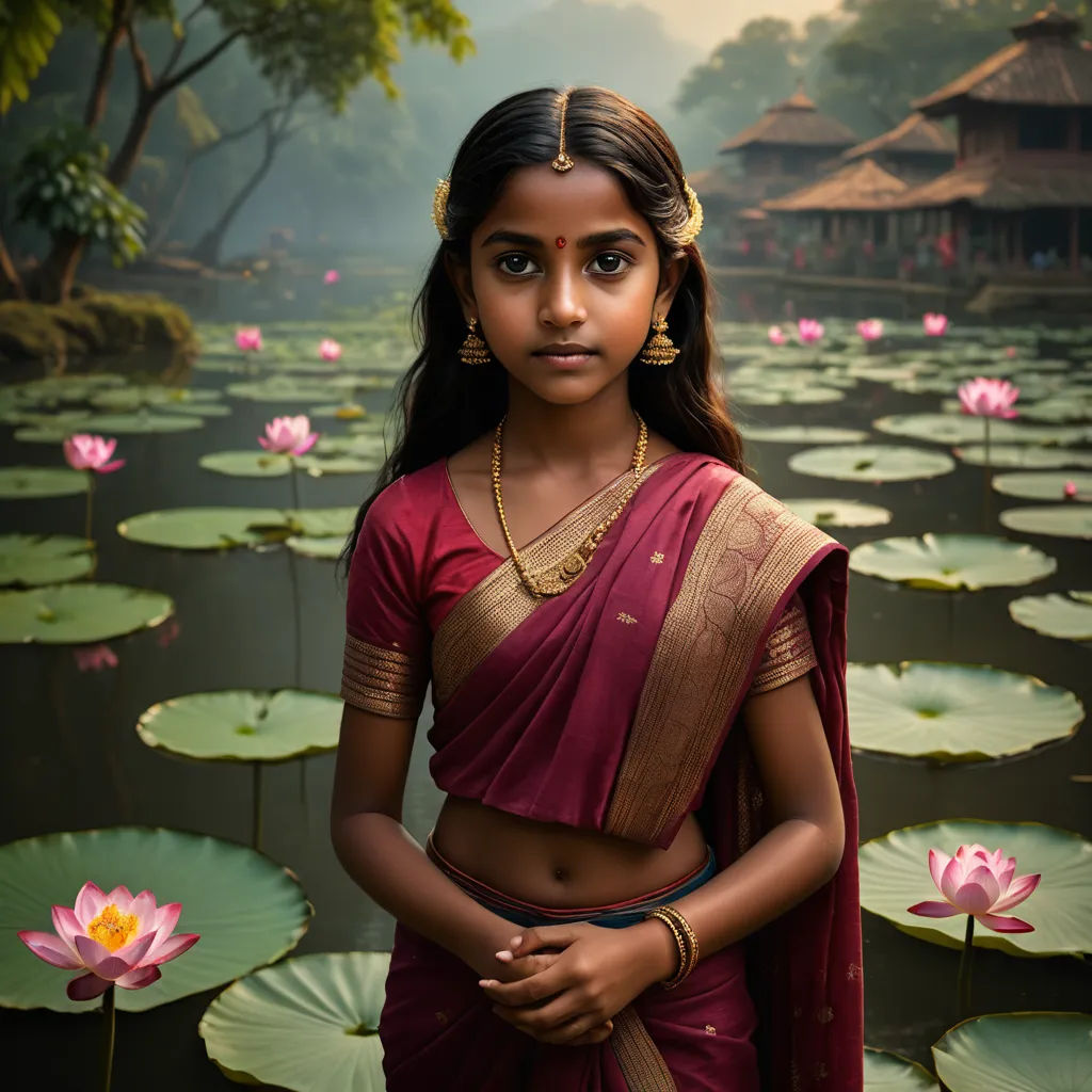 a young girl standing in front of a pond of water lilies with a house in the background and a pond of water lilies in the foreground, samikshavad, a detailed matte painting, Ella Guru, cinematic photography