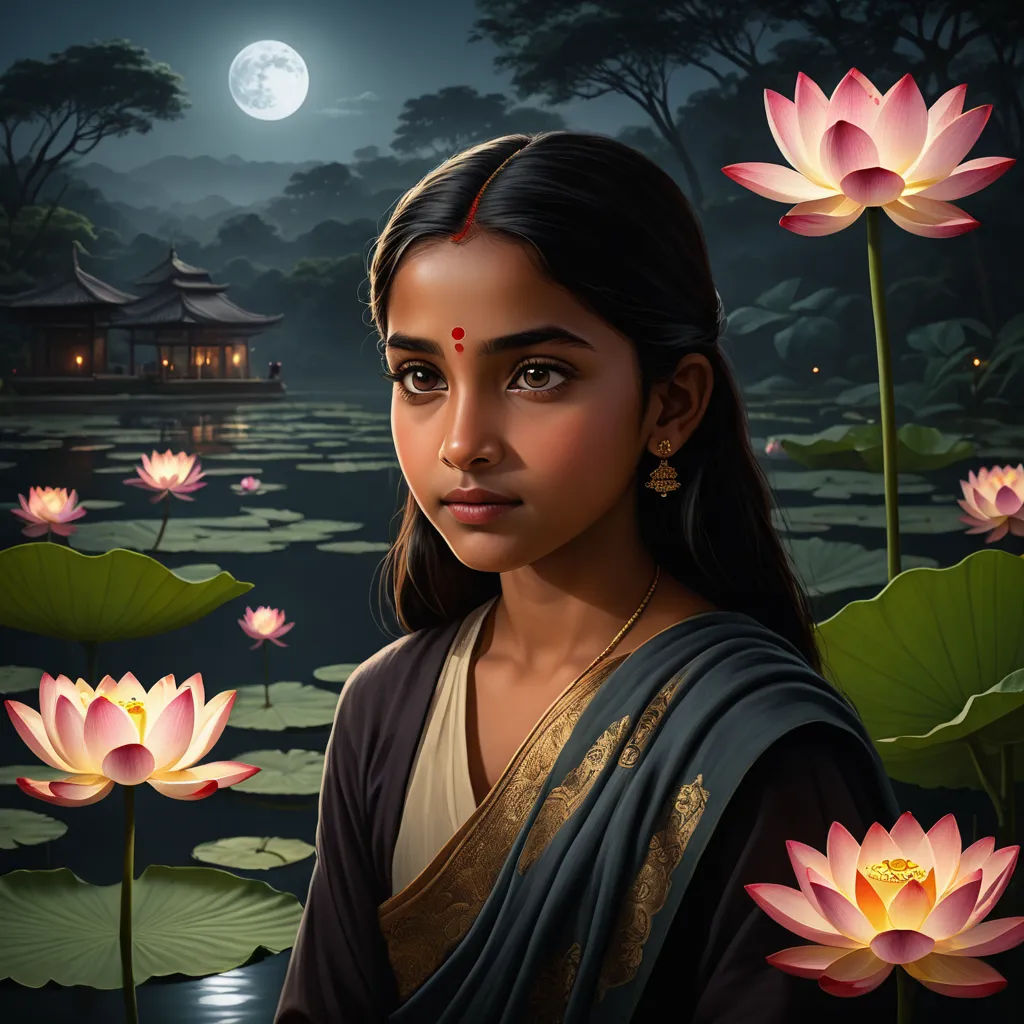 a painting of a woman standing in front of a pond of water lilies with a full moon in the background, samikshavad, an oil painting, Ella Guru, highly detailed digital painting