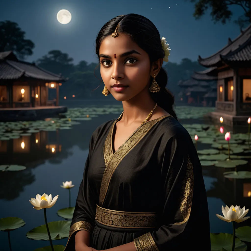 a woman standing in front of a pond with water lilies in front of a full moon sky and a building with a lit up roof, samikshavad, a detailed matte painting, Ella Guru, promotional image