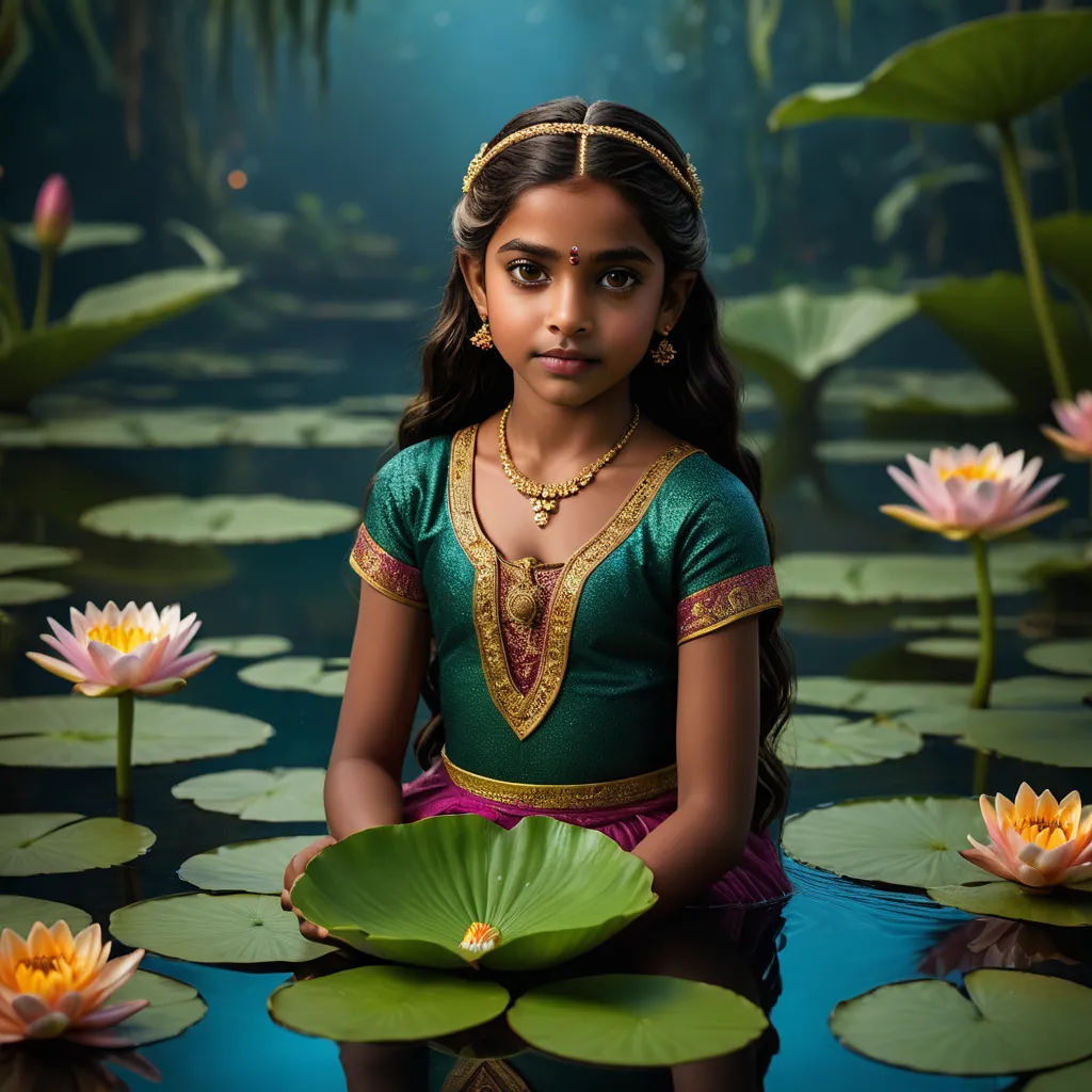 a young girl sitting on a lily pad in a pond with lily pads around her and a green blouse on, samikshavad, a photorealistic painting, Ella Guru, cinematic photography