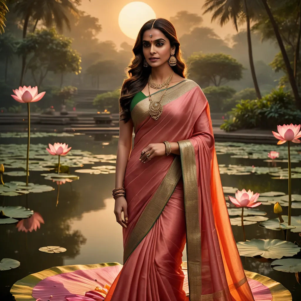 a woman in a pink and gold sari standing in a pond of water lilies with a sunset in the background, samikshavad, poster art, Ella Guru, promotional image