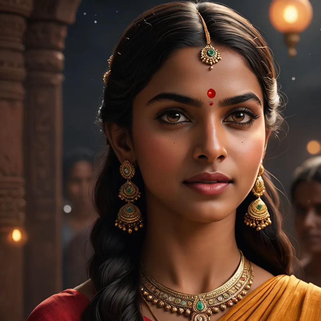 a woman in a yellow sari with a red blouse and gold jewelry on her neck and a man in the background, samikshavad, a photorealistic painting, Ella Guru, ultra realistic digital art