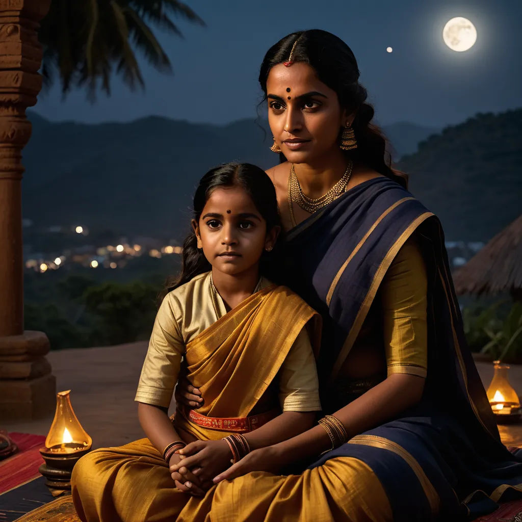 a woman and a child sitting on a floor in front of a tree with a full moon in the background, samikshavad, a detailed matte painting, Ella Guru, promotional image