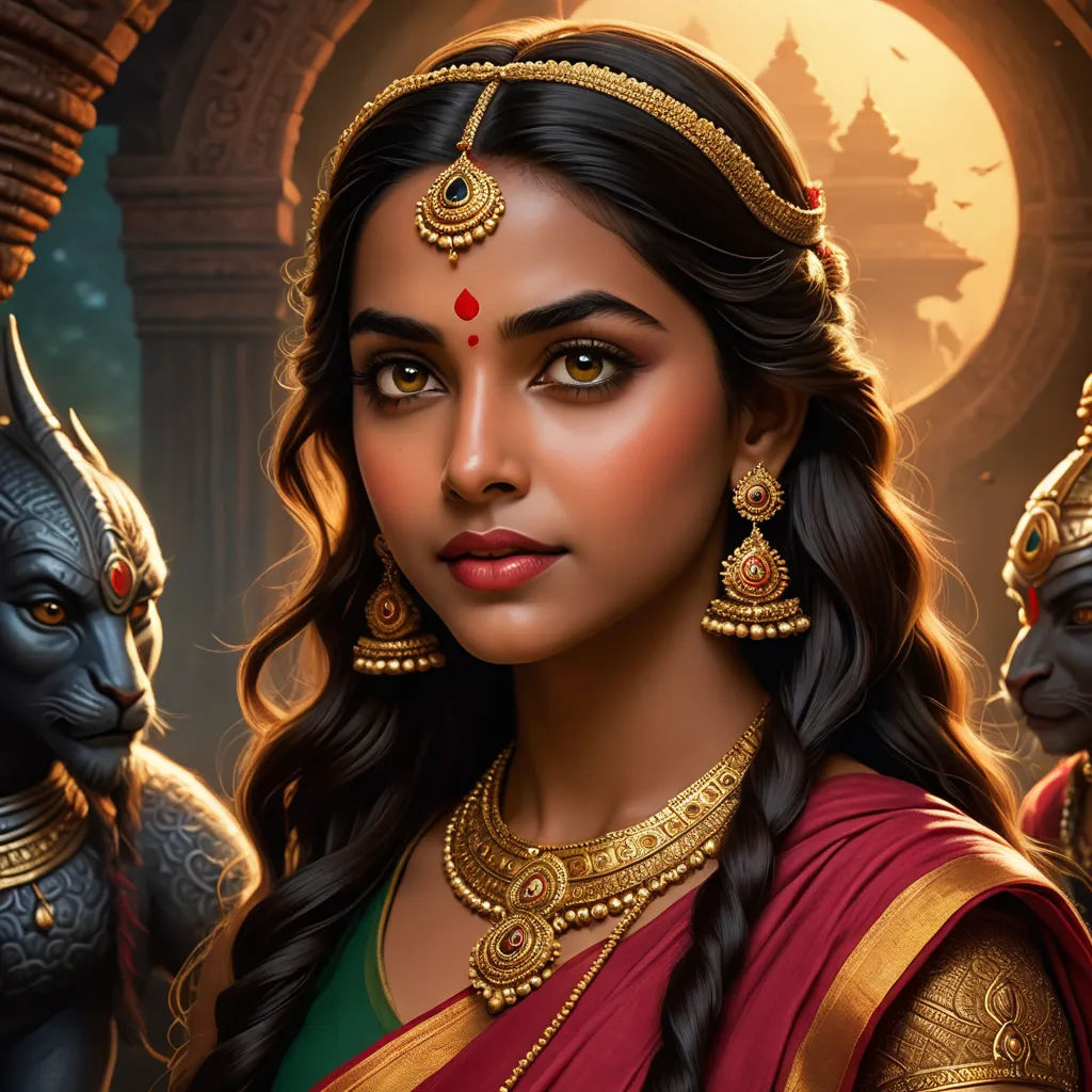 a woman in a red sari and gold jewelry standing next to two black cats and a temple with a full moon in the background, fantasy art, a detailed painting, Art of Brom, highly detailed digital painting