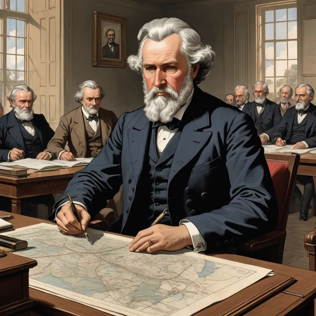 a painting of a man sitting at a desk with a map in front of him and other men in suits, arts and crafts movement, a detailed painting, A. J. Casson, detailed painting