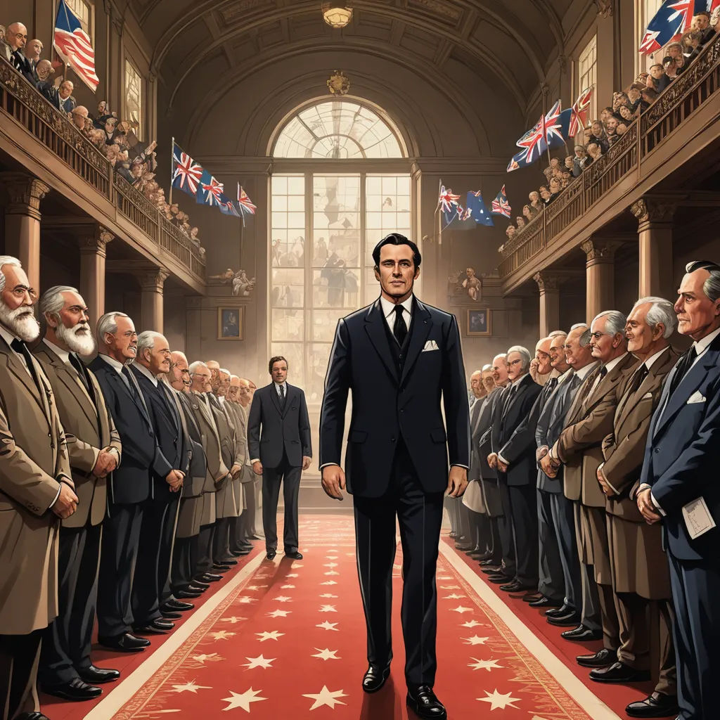 a man in a suit walking down a red carpeted hallway with a crowd of men in suits and ties, socialist realism, a detailed matte painting, Edwin Georgi, key art