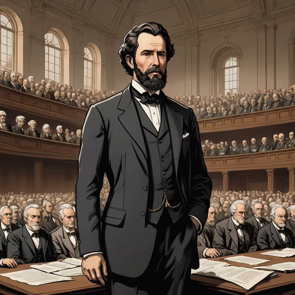 a man in a suit standing in front of a table with papers on it in front of a crowd of people, classical realism, a character portrait, Brenda Chamberlain, graphic novel