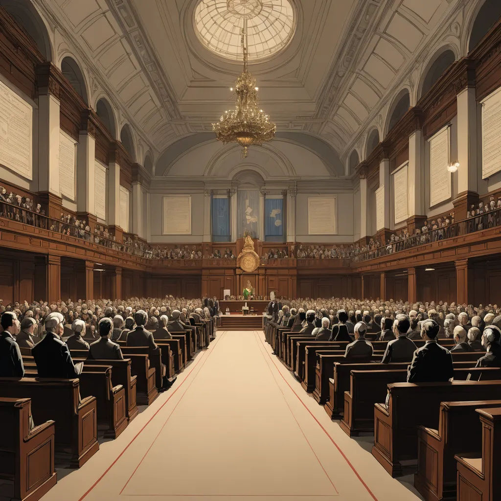 a large room with a long white carpet and a chandelier hanging from the ceiling and a row of people sitting in chairs, american scene painting, a detailed matte painting, Adélaïde Victoire Hall, set in 1860