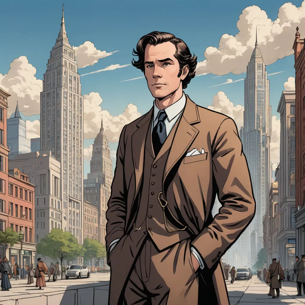 a man in a suit standing in front of a cityscape with a skyscraper in the background and clouds in the sky, harlem renaissance, a comic book panel, Edwin Georgi, graphic novel