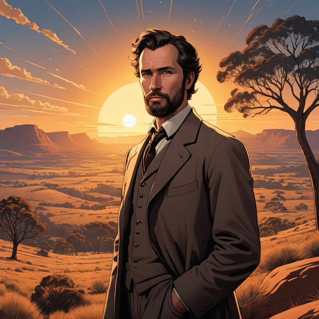 a man in a suit standing in a desert with a sunset in the background and trees in the foreground, aestheticism, a character portrait, Dan Mumford, western comic book art
