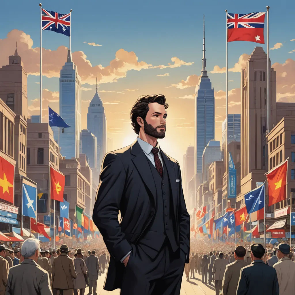 a man in a suit standing in front of a cityscape with flags of different countries in the background, socialist realism, a comic book panel, Edwin Georgi, official art