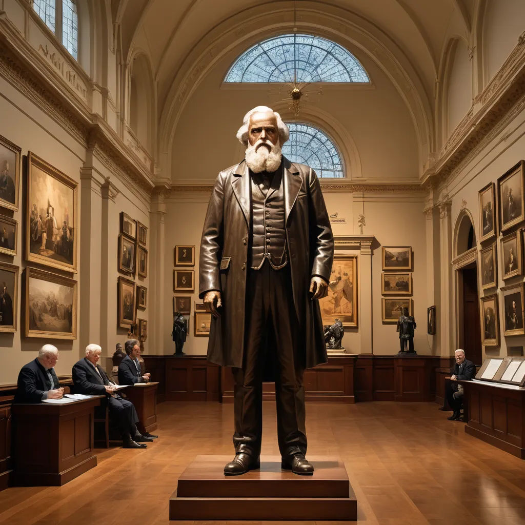 a statue of a man in a room with people sitting around it and paintings on the walls and ceiling, american barbizon school, a bronze sculpture, Fitz Hugh Lane, full body portrait
