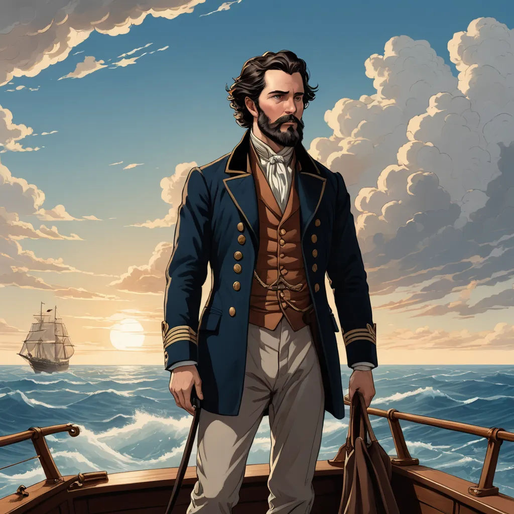 a man in a blue coat standing on a boat in the ocean with a ship in the background and clouds in the sky, american romanticism, a character portrait, Alejandro Burdisio, kinkade